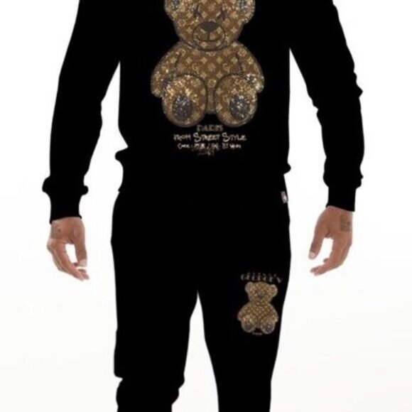 Avenue George V Paris Men's Jogging Suit Tracksuit Black Sweatsuit Crystal 2XL - Picture 3 of 6